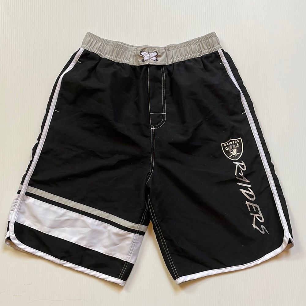 NFL Oakland Raiders black & white board short, swim trunk.  Boys large 14-16